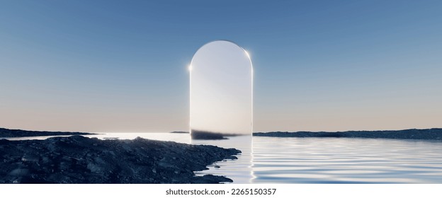 3d render, abstract minimalist panoramic background. Fantastic scenery wallpaper. Rounded mirror in the water