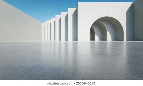 3d render of abstract modern arch architecture with empty cement floor, minimal exterior, car presentation background