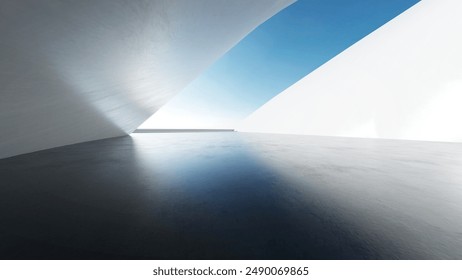 3d render of abstract modern architecture with empty concrete floor, minimal white exterior, car presentation background