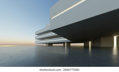 3d render of abstract modern architecture with empty cement floor, minimal exterior, car presentation background