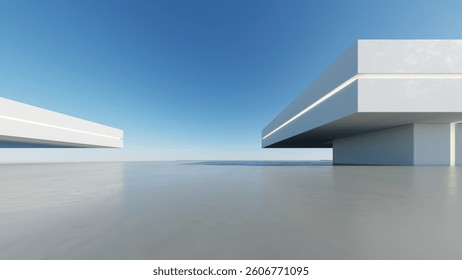 3d render of abstract modern architecture with empty cement floor, minimal exterior, car presentation background