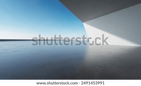 3d render of abstract modern architecture with empty concrete floor, minimal white exterior, car presentation background