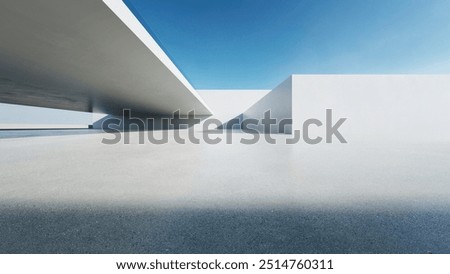 3d render of abstract modern architecture with empty concrete floor, minimal white exterior, car presentation background