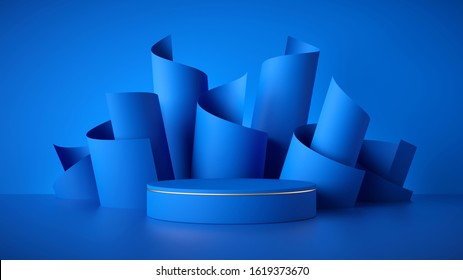 3d render, abstract modern blue background, empty cylinder podium, vacant pedestal, shop product display, showcase, round stage. Scrolled paper rolls