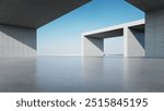 3d render of abstract modern concrete architecture with empty cement floor, minimal exterior, car presentation background