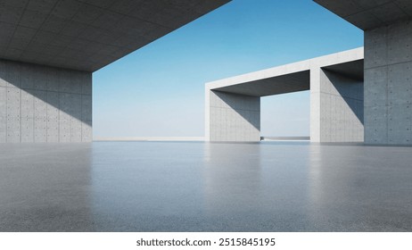 3d render of abstract modern concrete architecture with empty cement floor, minimal exterior, car presentation background