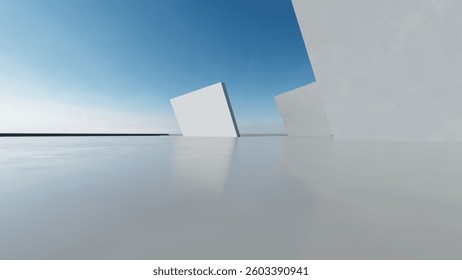 3d render of abstract modern concrete architecture with empty cement floor, minimal exterior, car presentation background