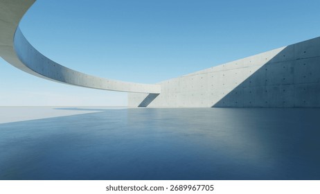 3d render of abstract modern concrete architecture background, Minimal circle geometry architectural design, Car presentation backdrop with empty concrete floor, Geometric white blocks building design