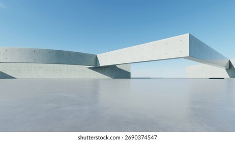 3d render of abstract modern concrete architecture background, Minimal geometry architectural design, Car presentation backdrop with empty concrete floor, Geometric white blocks building design