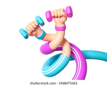 3d render, abstract modern fitness concept, cartoon character flexible boneless hands hold weights, objects isolated on purple background. Surrealistic clip art - Powered by Shutterstock