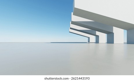 3d render of abstract modern geometry architecture with empty cement floor, minimal exterior, car presentation background