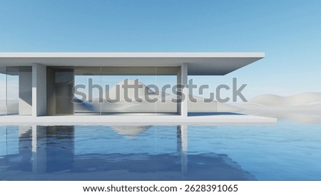 3d render of abstract modern geometry architecture with empty cement floor, minimal white exterior against blue sky background