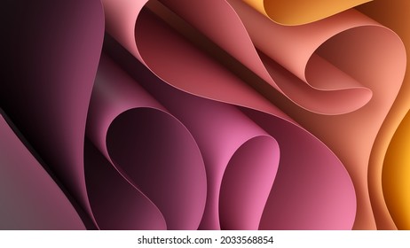 3d render. Abstract modern gradient background with paper scrolls, curvy ribbon edge, folded wallpaper