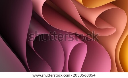 3d render. Abstract modern gradient background with paper scrolls, curvy ribbon edge, folded wallpaper