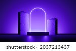 3d render, abstract modern minimal ultraviolet background with empty podium, glowing neon arch and broken stones and rocks. Showcase scene for product presentation