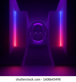 3d render, abstract modern minimal background, red blue neon light glowing vertical lines, empty staircase perspective, crystal glass ball between two walls. Futuristic urban concept