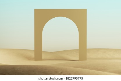 3d Render, Abstract Modern Minimal Background With Arch On A Desert Landscape, Gates And Sand Dunes