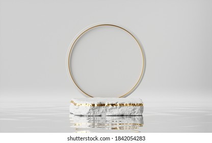 3d render, abstract modern minimal background with golden ring, white cobble and reflection in the water. Empty podium. Blank showcase mockup for product displaying
