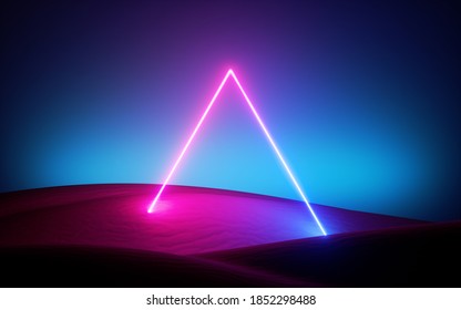 3d render, abstract modern minimal neon background. Glowing triangular frame, pyramid in the middle of the empty desert. Futuristic landscape
