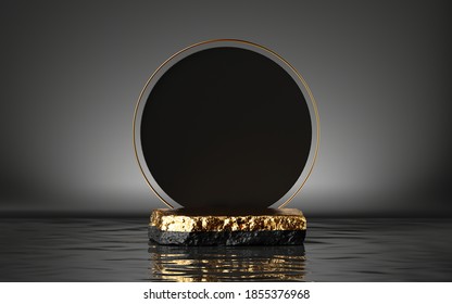 3d render, abstract modern minimal background with golden cobble platform, round black board and reflection in the water. Empty podium. Blank showcase mockup for product displaying