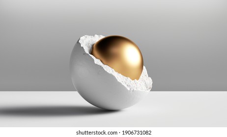 3d Render, Abstract Modern Minimal Background With Golden Ball Inside The Broken White Stone Hemisphere