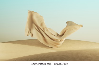 3d render, abstract modern minimal fashion background with sand dunes and falling drapery, desert landscape with flying fabric