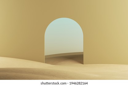 3d Render, Abstract Modern Minimal Background With Arch On A Desert Landscape With Sand Dunes, Doorway In The Wall