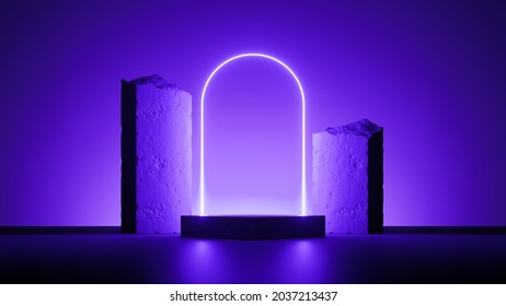 3d render, abstract modern minimal ultraviolet background with empty podium, glowing neon arch and broken stones and rocks. Showcase scene for product presentation