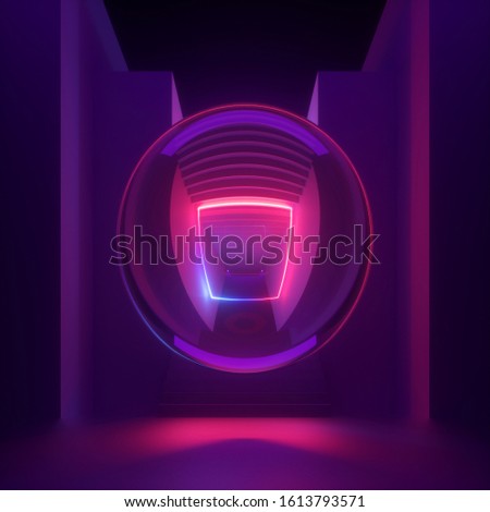 3d render, abstract modern minimal background, purple pink neon light, reflection inside glass ball. Empty staircase perspective. Futuristic urban concept