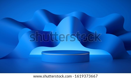 3d render, abstract modern minimal blue background, empty cylinder podium, vacant pedestal, shop product display, showcase, round stage. Wavy paper ribbons