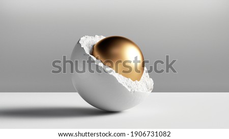 3d render, abstract modern minimal background with golden ball inside the broken white stone hemisphere