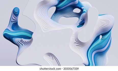 3d Render, Abstract Modern White Blue Background With Flat Curvy Shapes And Wavy Lines, Marbling Effect