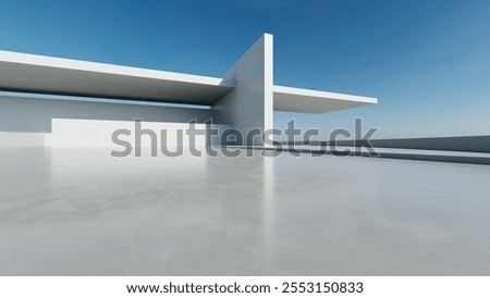 3d render of abstract modern white  concrete architecture with empty cement floor, minimal exterior, car presentation background