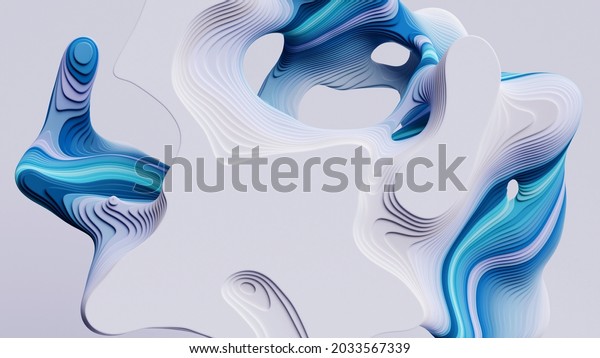 3d render, abstract modern white blue background with flat curvy shapes and wavy lines, hallway marbling effect