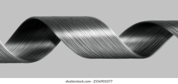 3d render, abstract monochrome background of curly twisted strand of hair isolated on grey