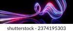 3d render. Abstract neon background. Fluorescent ines glowing in the dark room with floor reflection. Virtual dynamic curvy ribbon. Fantastic panoramic wallpaper. Digital data transfer. Energy concept