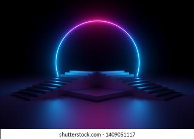 3d Render, Abstract Neon Background, Music Performance Stage, Glowing Round Shape Above Empty Fashion Podium, Stairs, Ultraviolet Spectrum, Pink Blue Laser Show