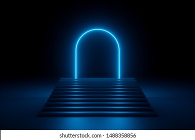 3d Render, Abstract Neon Background, Glowing Blue Rounded Arch, Stairs, Steps, Performance Stage Design, Empty Fashion Podium, Ultraviolet Light