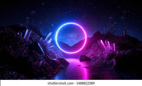 3d render, abstract neon background, mystical cosmic landscape, pink blue glowing ring over terrain, round frame, virtual reality, dark space, ultraviolet light, crystal mountains, rocks, ground