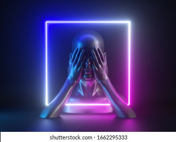 3d render, abstract neon background with human body parts. Female mannequin head, hands, closed eyes. Glowing light square frame. Social issue concept: ignorance, indifference, hiding, blindness