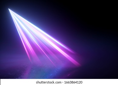 3d Render, Abstract Neon Background. Dramatic Stage Lighting. Purple Rays Beam Light On The Floor. Isolated Spotlight. Bright Projector Shining Inside Empty Room. Searchlight In The Dark