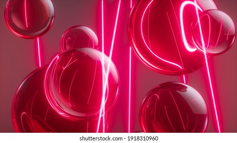 3d Render, Abstract Neon Background With Glass Balls And Laser Rays, Glowing Infrared Light