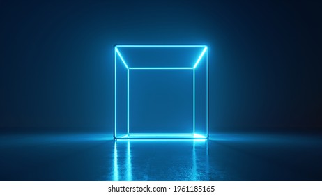 3d Render, Abstract Neon Background With Cube Glowing With Blue Light