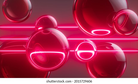 3d render, abstract neon background with glass balls and laser rays, glowing infrared light
