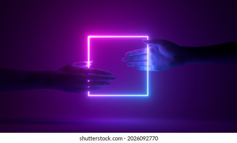 3d Render, Abstract Neon Background With Hands Holding Blank Square Frame, Glowing In Ultraviolet Light