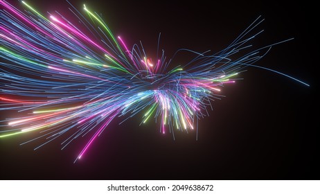 3d render, abstract neon background with chaotic glowing lines, bright laser rays, colorful festive firework burst