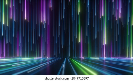 3d Render, Abstract Neon Background With Colorful Lines Star Rain, Virtual Reality Wallpaper With Laser Rays