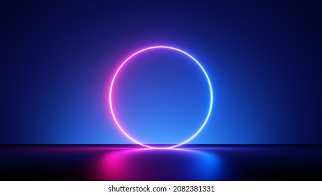 3d render, abstract neon background with fluorescent ring, blank round frame. Simple geometric shape. Laser line glowing with pink blue light