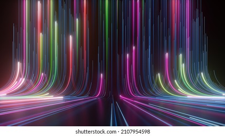 3d render, abstract neon background with ascending glowing lines, colorful laser rays
