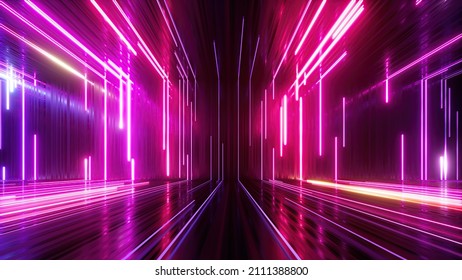 3d render, abstract neon background with glowing lines, empty room with floor reflections